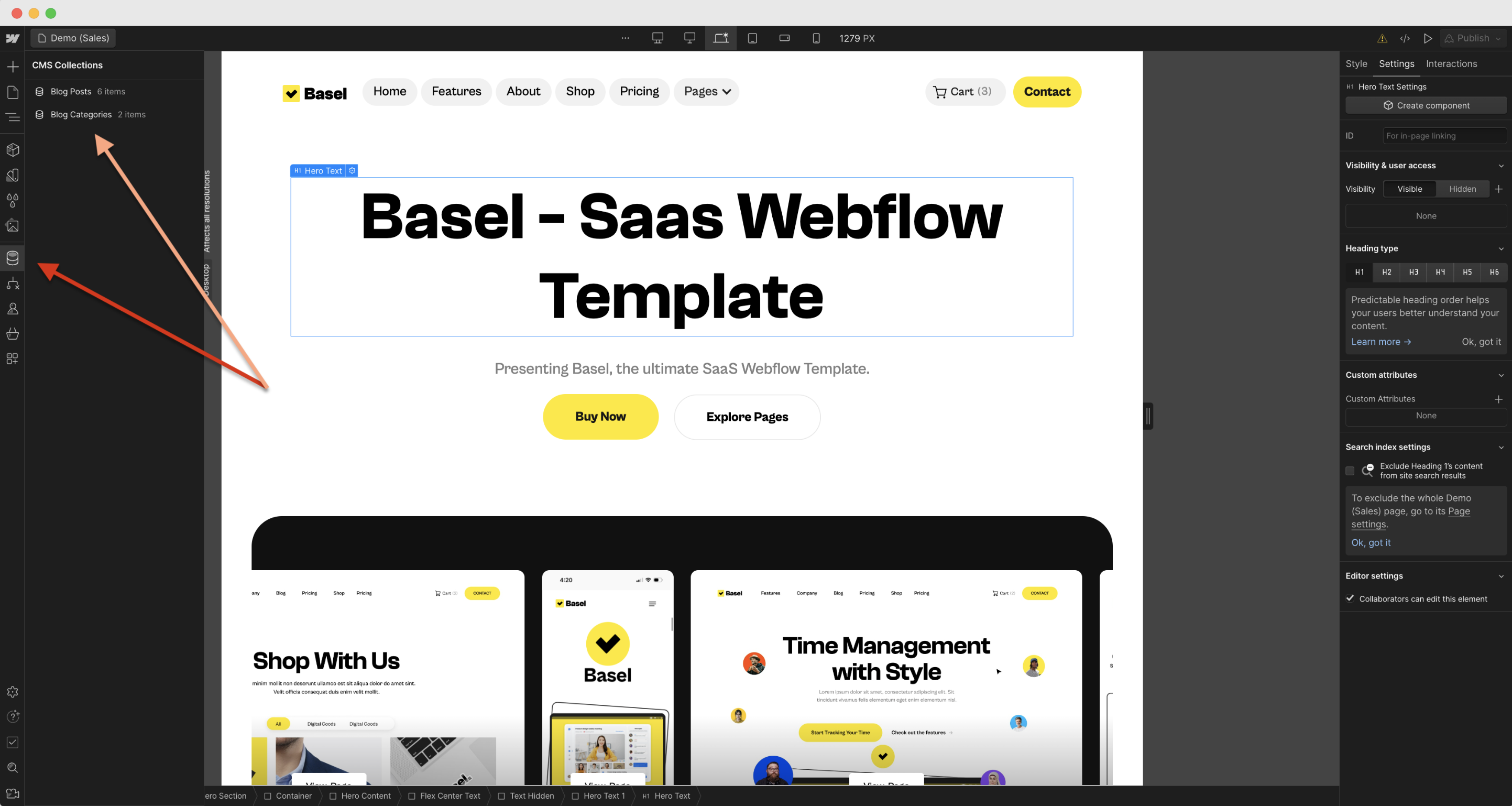 Webflow designer and the CMS collection previewed in e Webflow SaaS template designed by Azwedo and Wedoflow