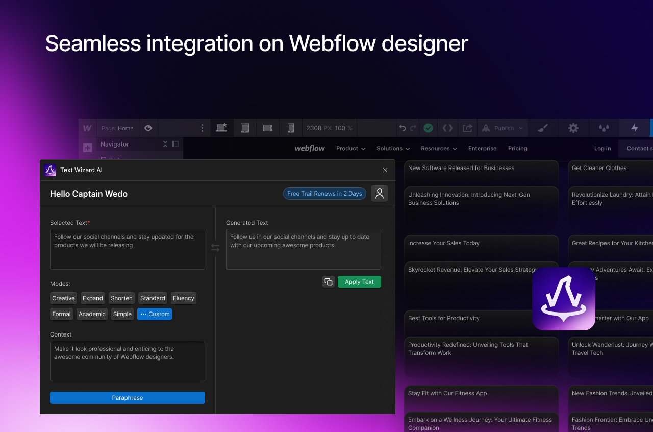 Webflow app for writing and rephrasing your content with the help of Ai straight in the Webflow Designer.